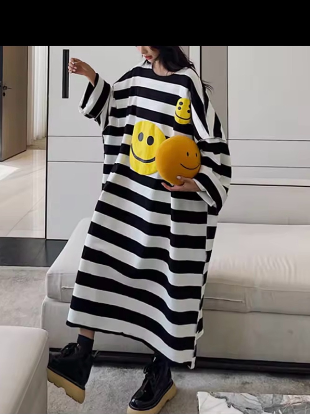 Black & White Striped Smiley Maxi Dress with Yellow Smiley